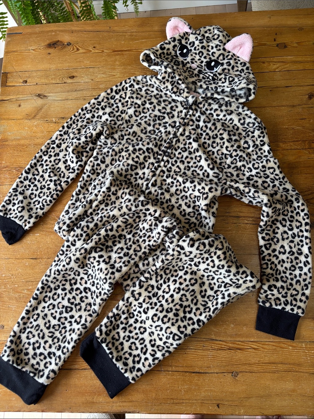 H&M Leopard-Print Fleece Pajama One Piece with Pink Ear Hood